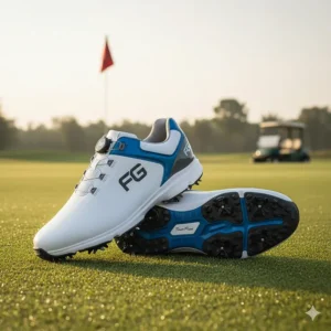 A leading brand's modern design of mens spiked golf shoes, engineered for maximum comfort and grip.
