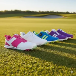 A selection of the best girls golf shoes in various colors, including white, blue, and purple.