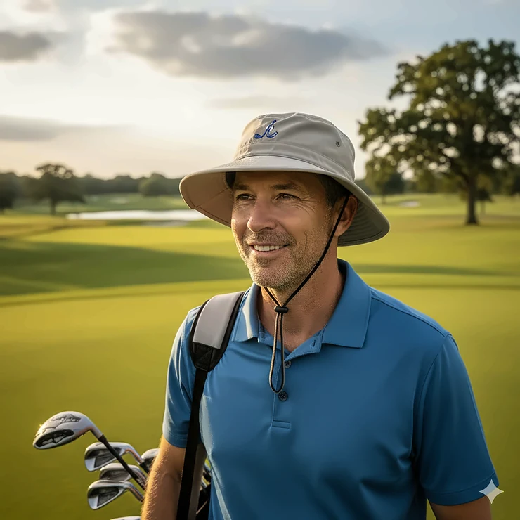 A golfer wearing the **best golf bucket hat** for sun protection on a sunny course.