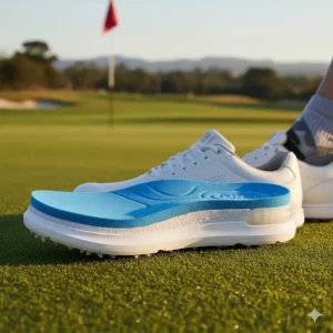 Image showcasing the cushioned insole and midsole of a pair of comfortable wide golf shoes designed for all-day wear.