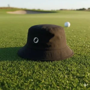 High-angle shot of a popular black golf bucket hat design resting on green turf.