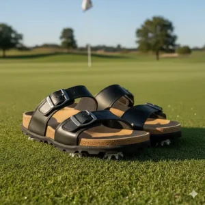 Sleek pair of black leather mens golf sandals, an alternative color option for the links.