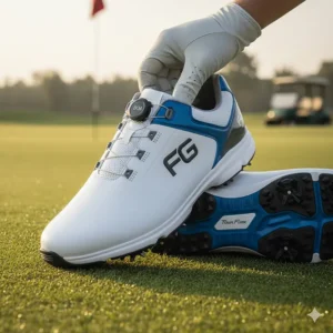 Close-up of the convenient BOA lacing system on a pair of premium mens spiked golf shoes for a secure, customized fit.