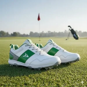 Side view of a secure youth golf cleat with soft spikes, suitable for both boys and girls.
