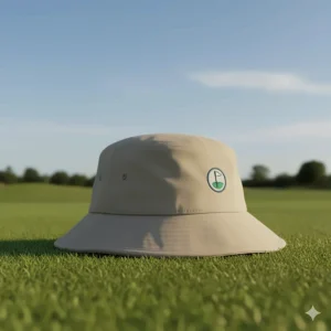 Front view of a lightweight bucket golf hat showing its wide brim and breathable fabric.