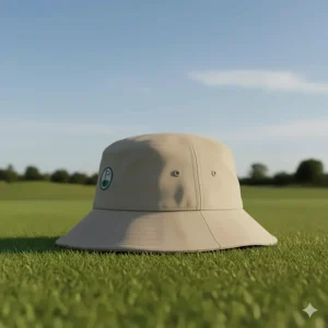 Side profile of a white men's bucket golf hat, highlighting the UPF sun protection design.