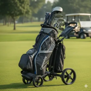A large cart bag resting on a trolley, highlighting the multi-way full-length divider club management system.