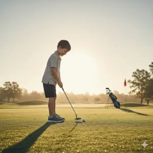 A child confidently putting on the green while wearing comfortable, supportive kids golf sneakers.