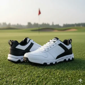 Waterproof white and black children's golf sneaker standing in wet grass, highlighting durability.