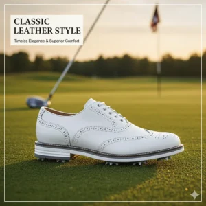 A traditional, classic white leather design in a comfortable wide fit men's golf shoe.