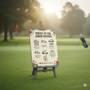 Chart illustrating proper sizing and comfort fit for various types of kids golf shoes.