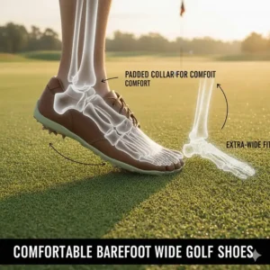A comfortable golfer's foot sliding into a pair of extra-wide fit barefoot golf shoes, highlighting the padded heel collar and comfortable fit.