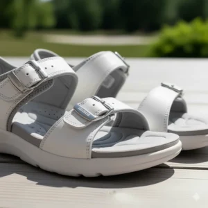 Detail showing the adjustable, comfortable straps and cushioning on these women's golf sandals.