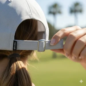 Detail shot showing the adjustable strap on the back of the cooling golf hat for a secure and custom fit.