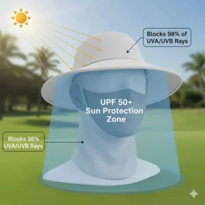 Diagram illustrating how the UPF-rated fabric of the cooling golf hat provides sun protection for the face and neck.