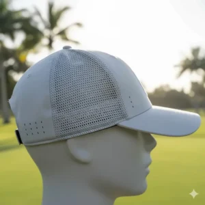 Side view of the cooling golf hat showing mesh panels for maximum airflow and ventilation.