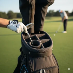 Clear view of the dedicated, oversized putter well next to the full-length dividers in this deluxe golf bag.