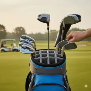 A set of irons and woods inserted into a golf bag, illustrating how the full-length dividers prevent club rattling.