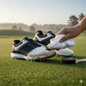 Highlighting how easily the mens waterproof golf shoes can be cleaned after a muddy round of golf.