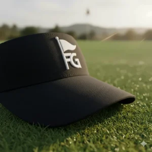 Detailed view of an embroidered logo on a black ladies golf headwear item, highlighting quality and style.