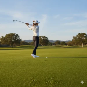 A female golfer taking a powerful swing while wearing minimalist golf shoes, emphasizing stability and natural posture.