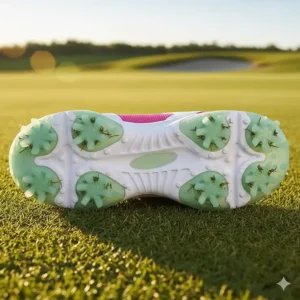 Close-up showing the durable, soft spikes and rubber sole for girls golf shoe traction.