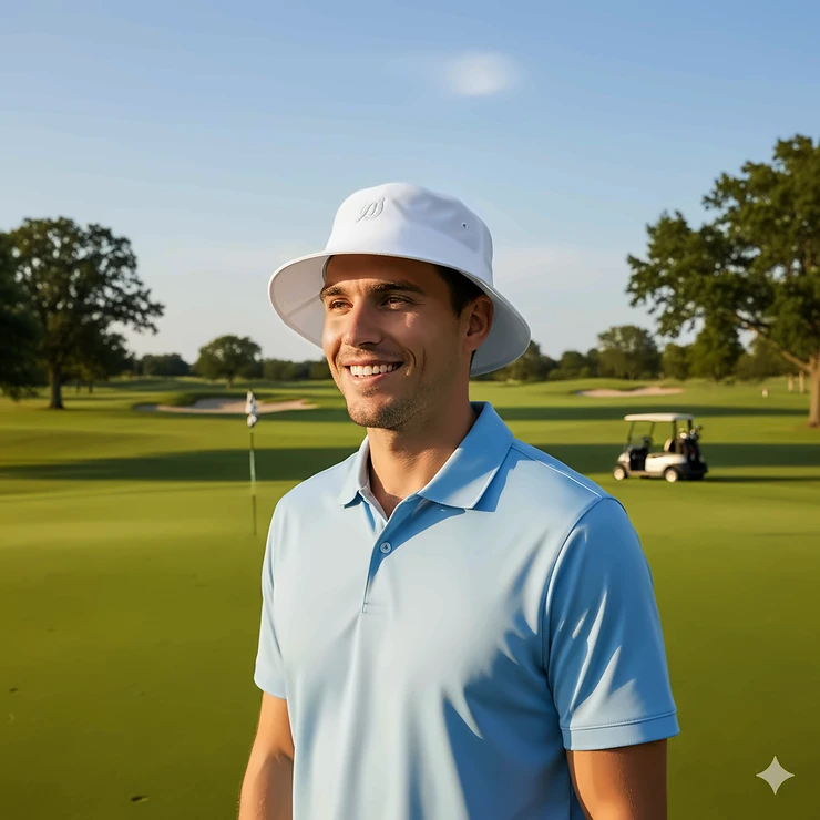 A stylish person wearing a white golf bucket hat on a sunny day at the course.