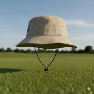 Detail showing the adjustable chin strap and ventilation grommets on a practical men's golf bucket hat.