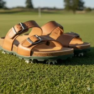 Close-up view of the durable spiked sole providing excellent traction for these mens golf sandals.