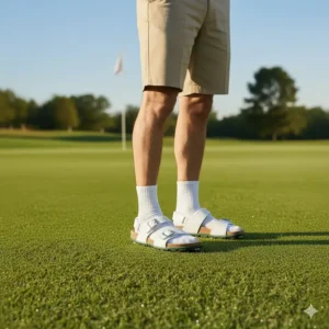 Pair of mens golf sandals shown with appropriate golf attire, including comfortable shorts and ankle socks.