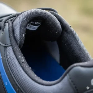 Close-up view of the breathable Gore-Tex membrane, a key feature in quality waterproof golf shoes.