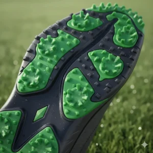 Close-up of the durable golf shoe sole showing advanced traction and stable spike pattern.