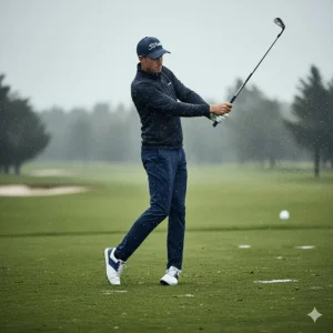 A golfer taking a swing during a light shower, relying on their comfortable and durable waterproof golf shoes to keep their feet dry.