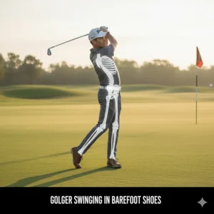 Full-body shot of a golfer executing a stable swing while wearing barefoot golf shoes for wide feet, showcasing improved balance.