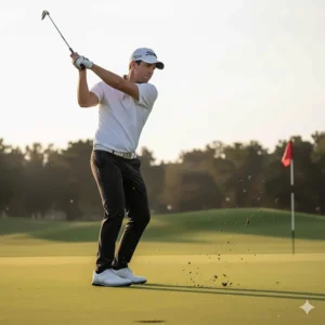 Golfer mid-swing, demonstrating the stability and secure footing provided by spiked golf shoes during powerful rotation.