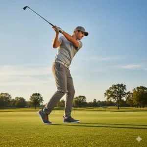 A male golfer in mid-swing, showcasing how the flexibility of the minimalist golf shoes supports a natural, balanced rotation.