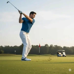 Golfer demonstrates solid footing and excellent traction during a drive, thanks to his spiked golf shoes.