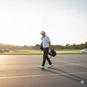 Golfer walking across a parking lot wearing spikeless golf shoes, showcasing their comfort and off-course wearability.