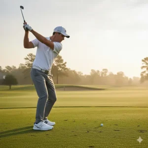 A golfer swinging on the green while wearing high-performance New Balance men's golf shoes.