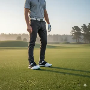 A golfer standing on a tee box wearing the stylish and protective waterproof golf shoes.