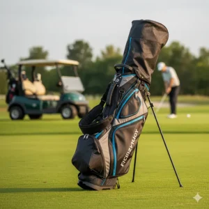 A versatile hybrid golf bag that can be used on a cart or carried, featuring ample storage and full-length dividers.