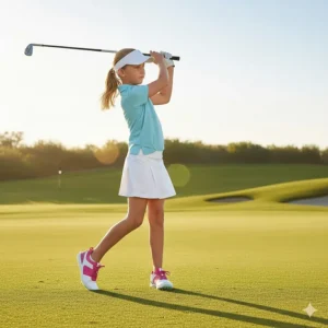 A young female golfer demonstrating a swing while wearing supportive junior girls golf shoes.