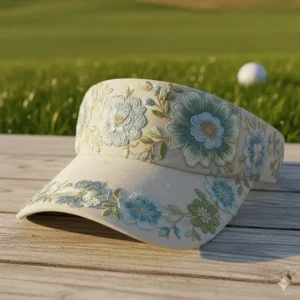 Elegant ladies embroidered golf visor with a wide brim for excellent shade.