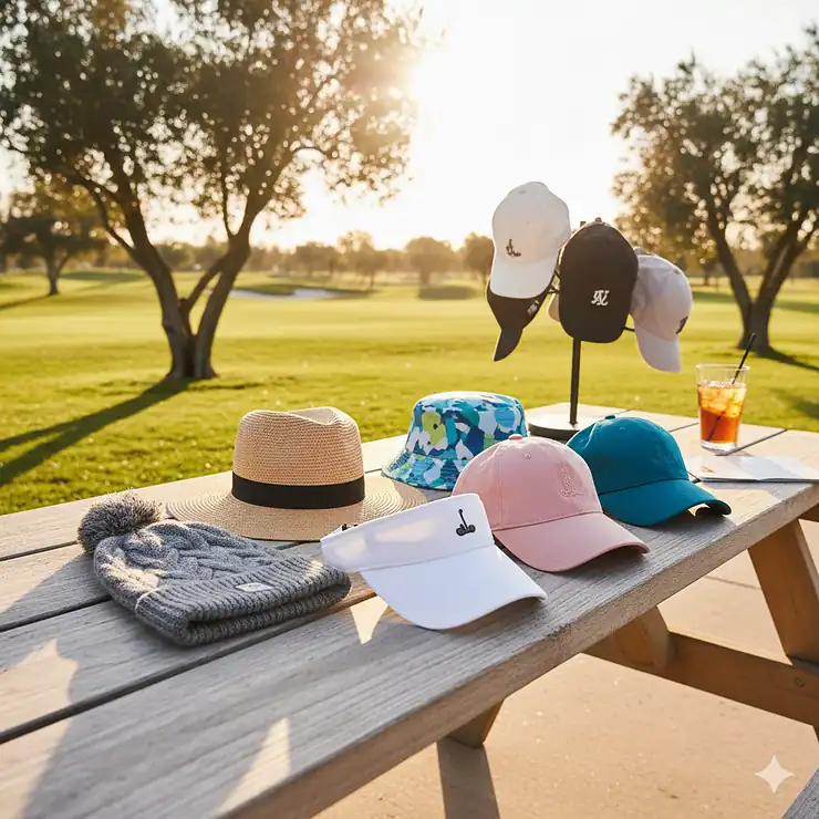 A vibrant collection of ladies golf headwear, including sun visors, straw hats, and fashionable caps, perfect for sun protection on the course. golf headwear ladies