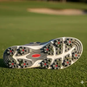 Close-up of the durable, spiked sole providing excellent traction on these ladies' golf sandals.