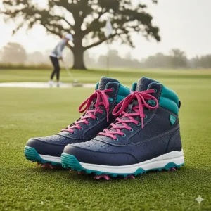 High-top ladies waterproof golf boots providing extra ankle support and protection against deep water.