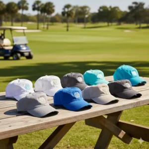 Group of different lightweight, packable cooling golf hats laid out, showing various colors and styles.