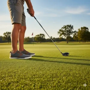 A golfer standing on a tee box wearing the lightweight men's golf trainers, emphasizing the natural feel and ground connection.