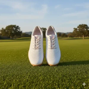 Overhead view of lightweight barefoot golf shoes for women, showcasing a breathable upper material.