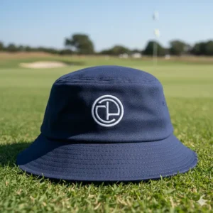 An embroidered company logo on a golf bucket hat in a classic navy color.